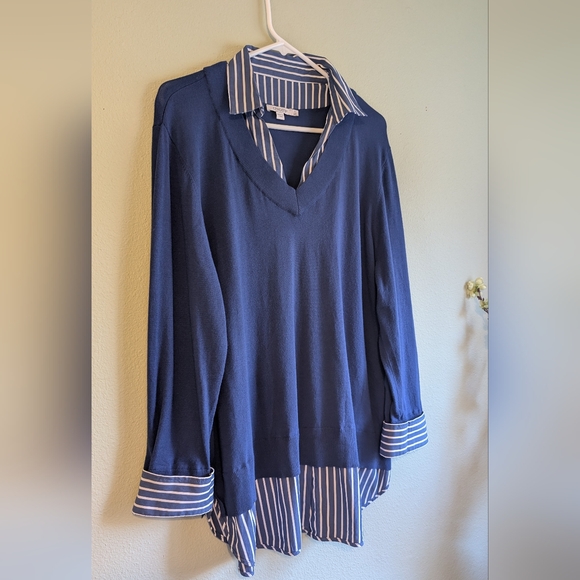 Chico's 4 Womens Blue V-Neck Sweater Long Sleeve Striped Shirt Built-In Size XXL - Picture 7 of 9